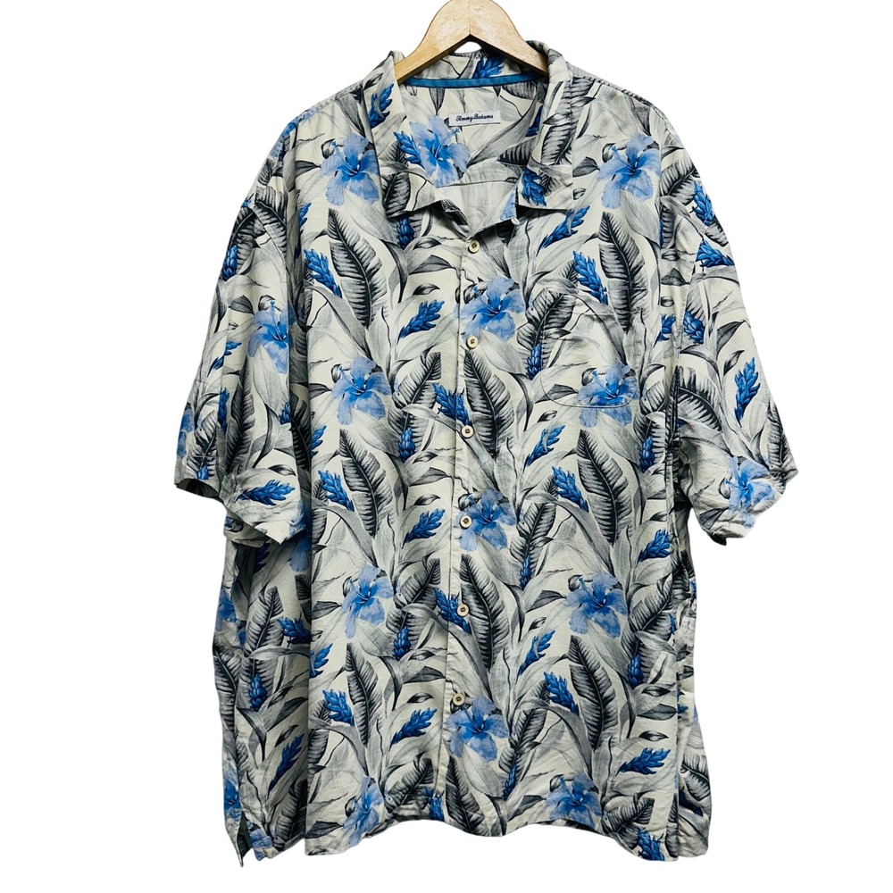 Tommy Bahama Camp Shirt Men 4XL 100% Silk Blue Grey Tropical Floral Button Front